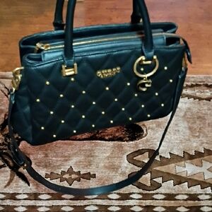 Guess Chic Black Quilted Handbag with Gold Stud Accents